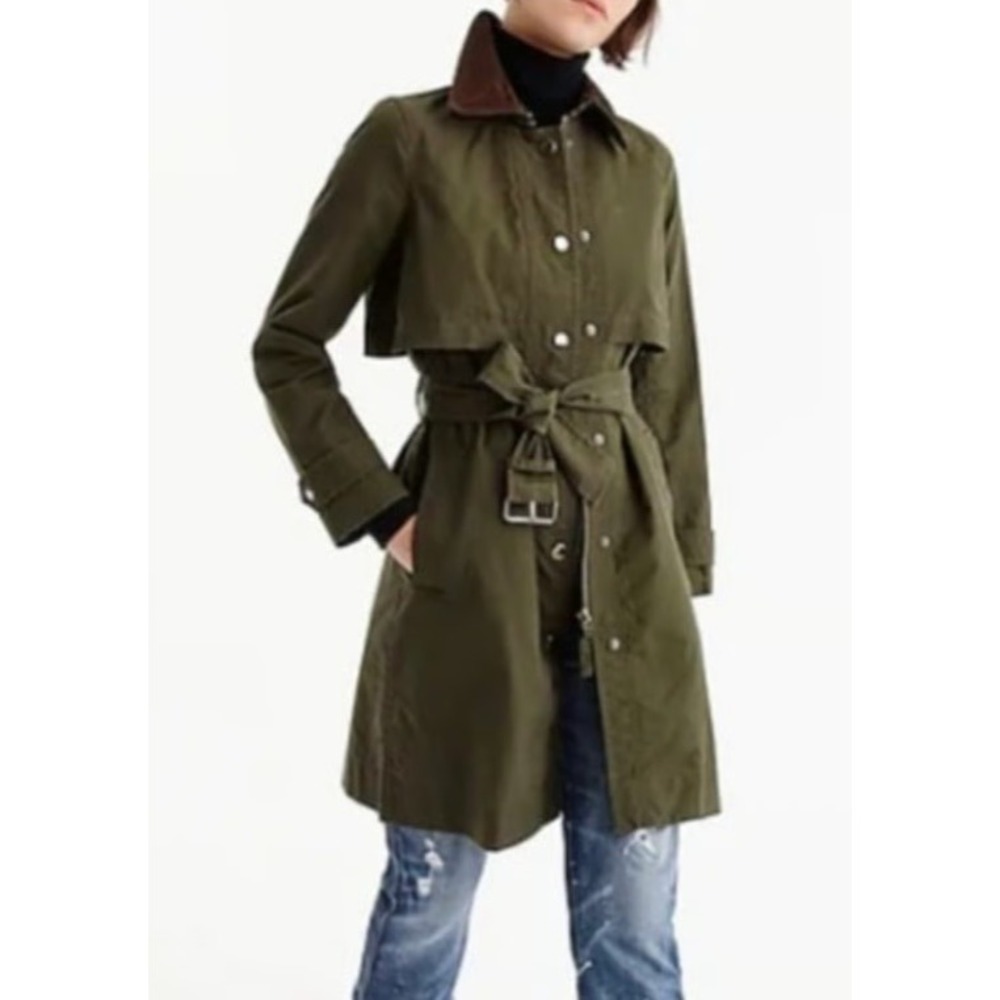 J.Crew Field Trench Coat Olive Green Women Size XS Belted Snap Buttons Cotton